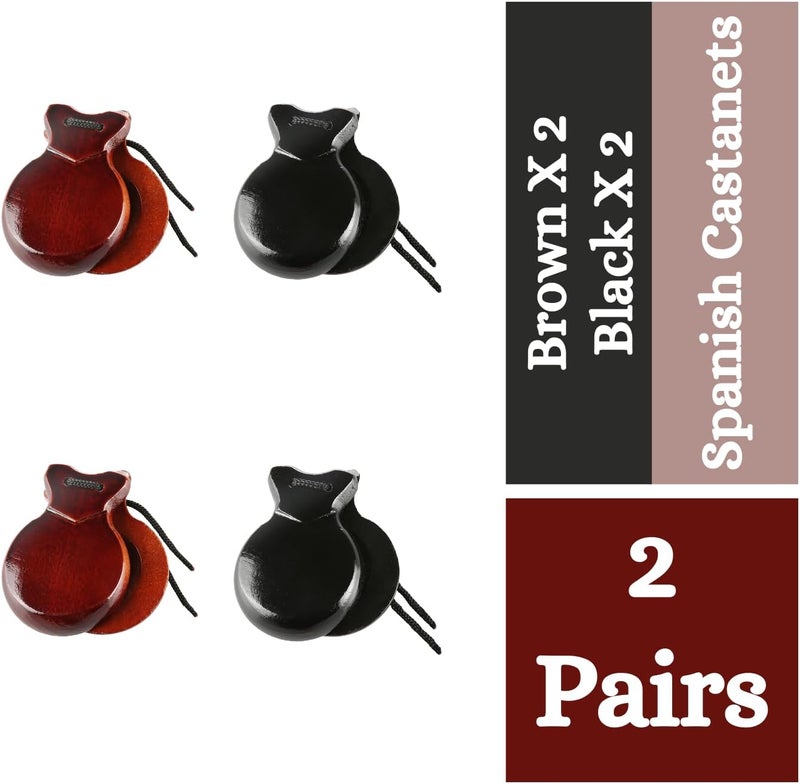 Corbekel 2 Pairs Spanish Castanets with String, Traditional Spanish Flamenco Castanets for Adults, Wooden Musical Percussion Instruments for Beginners(BROWN+BLACK) - Image 2